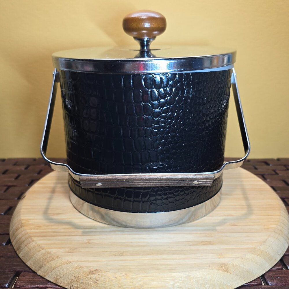 Vintage Atapco Ice Bucket Black Faux Alligator Chrome Mid Century Modern Black